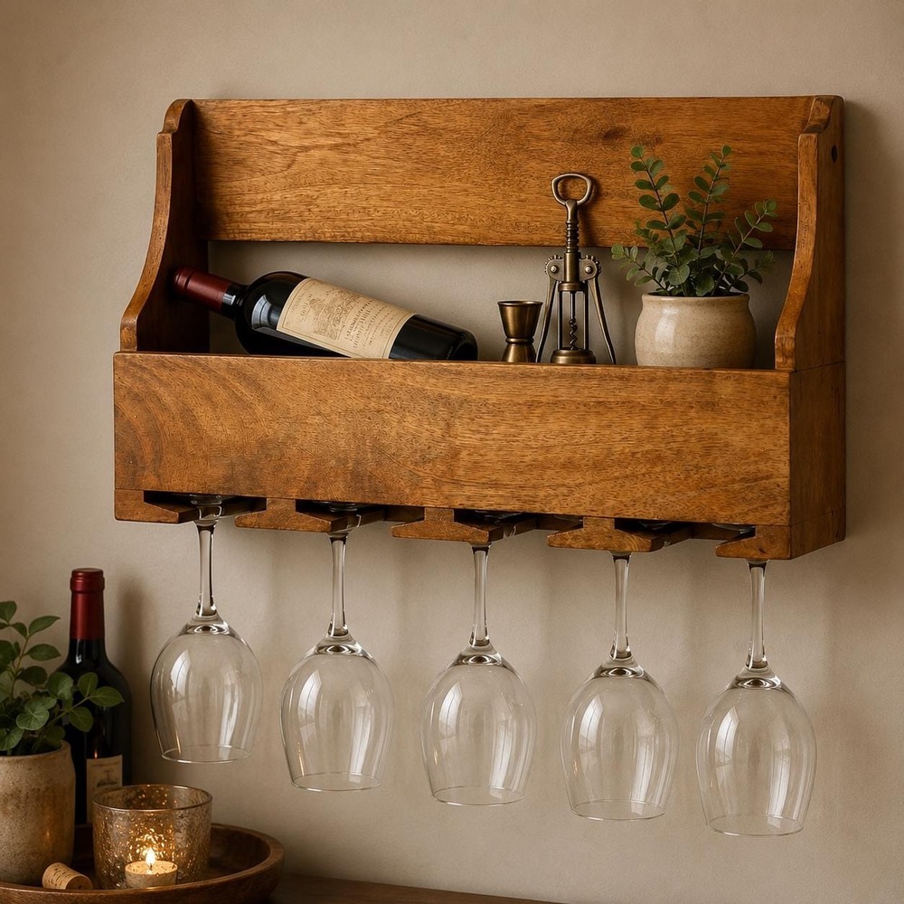 Vintage Wood Wall Mount Wine Glass Rack Stemware Holder Bar Shelf Rustic Decor